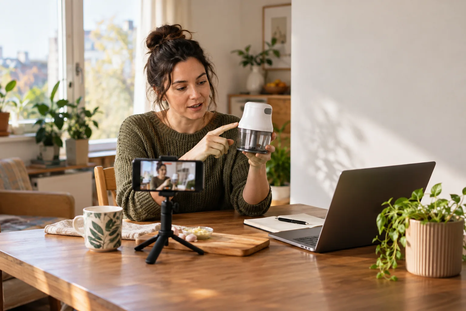 Creator filming a hands-on affiliate product demonstration with a smartphone at home