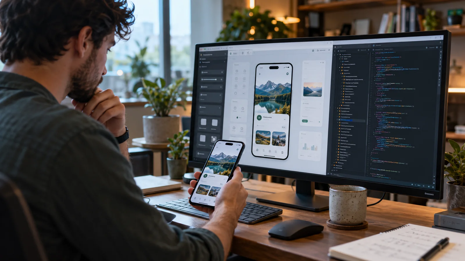 A product designer weighing a visual mobile app builder against an editable source-code workflow