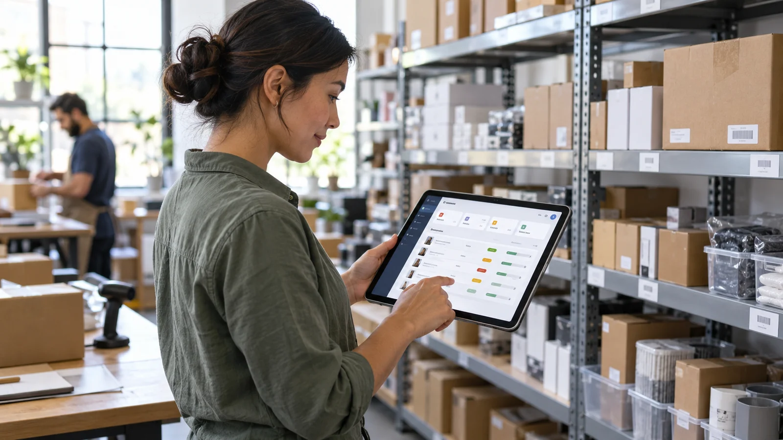 A business operations manager using an inventory app on a tablet in a stockroom