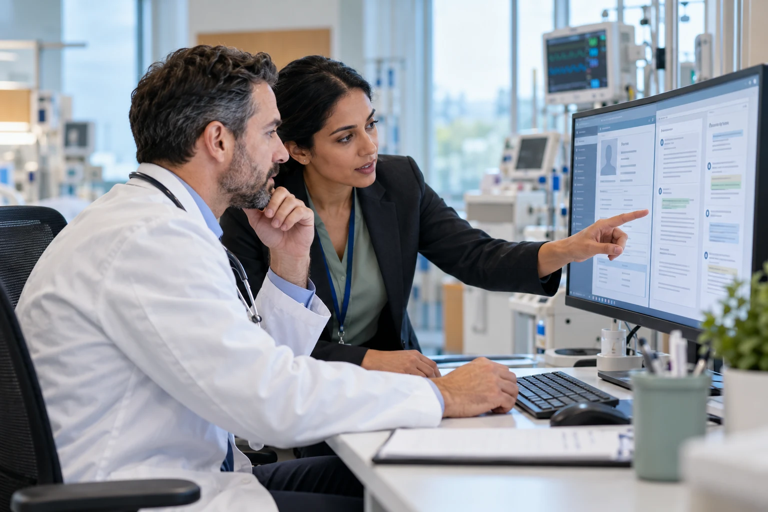 Clinician and healthcare data specialist reviewing a cited clinical knowledge interface at a hospital workstation