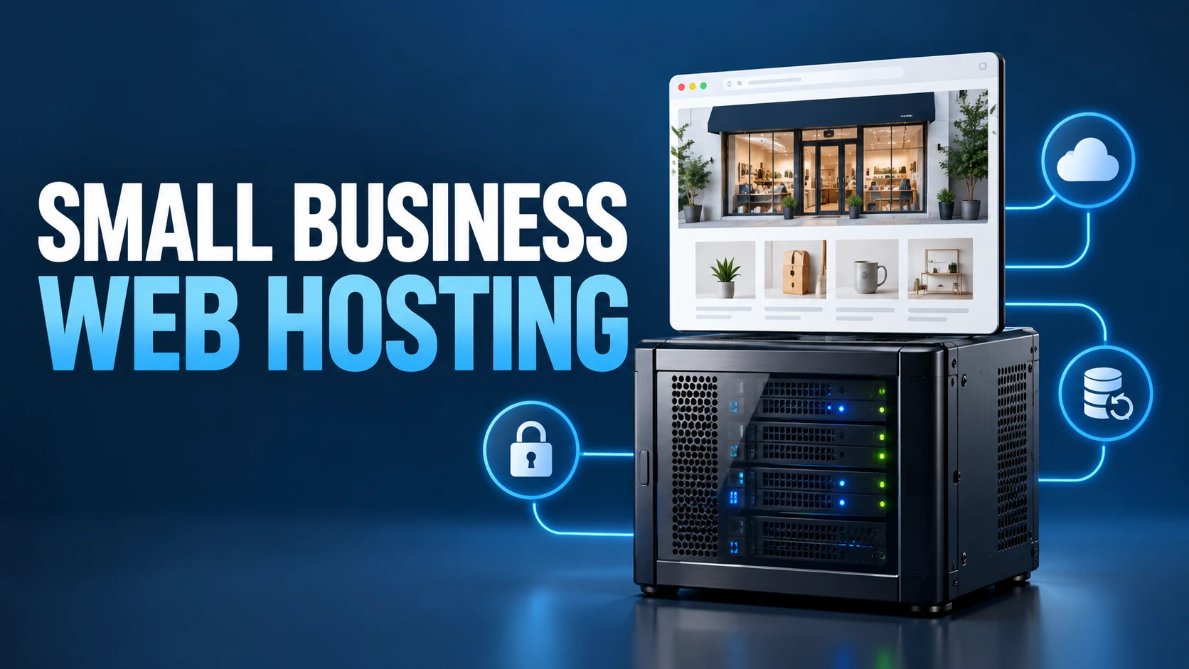 Small business web hosting illustration with a server cabinet, storefront website, cloud, backup and security symbols