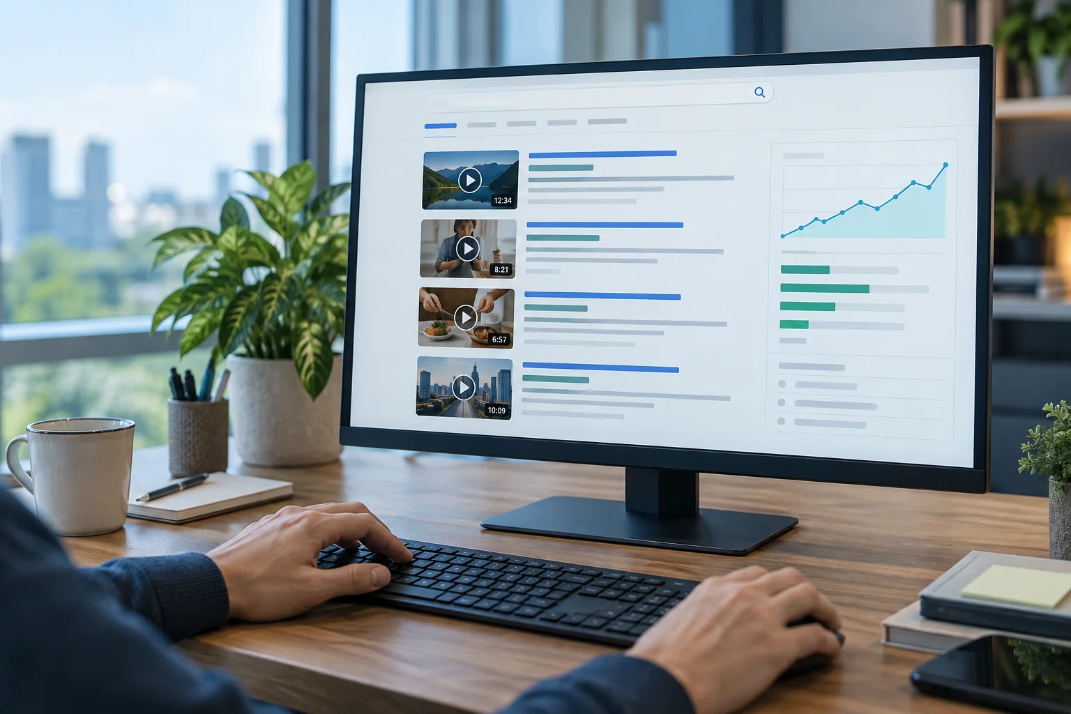 Analyst reviewing video results and search visibility data on a desktop monitor