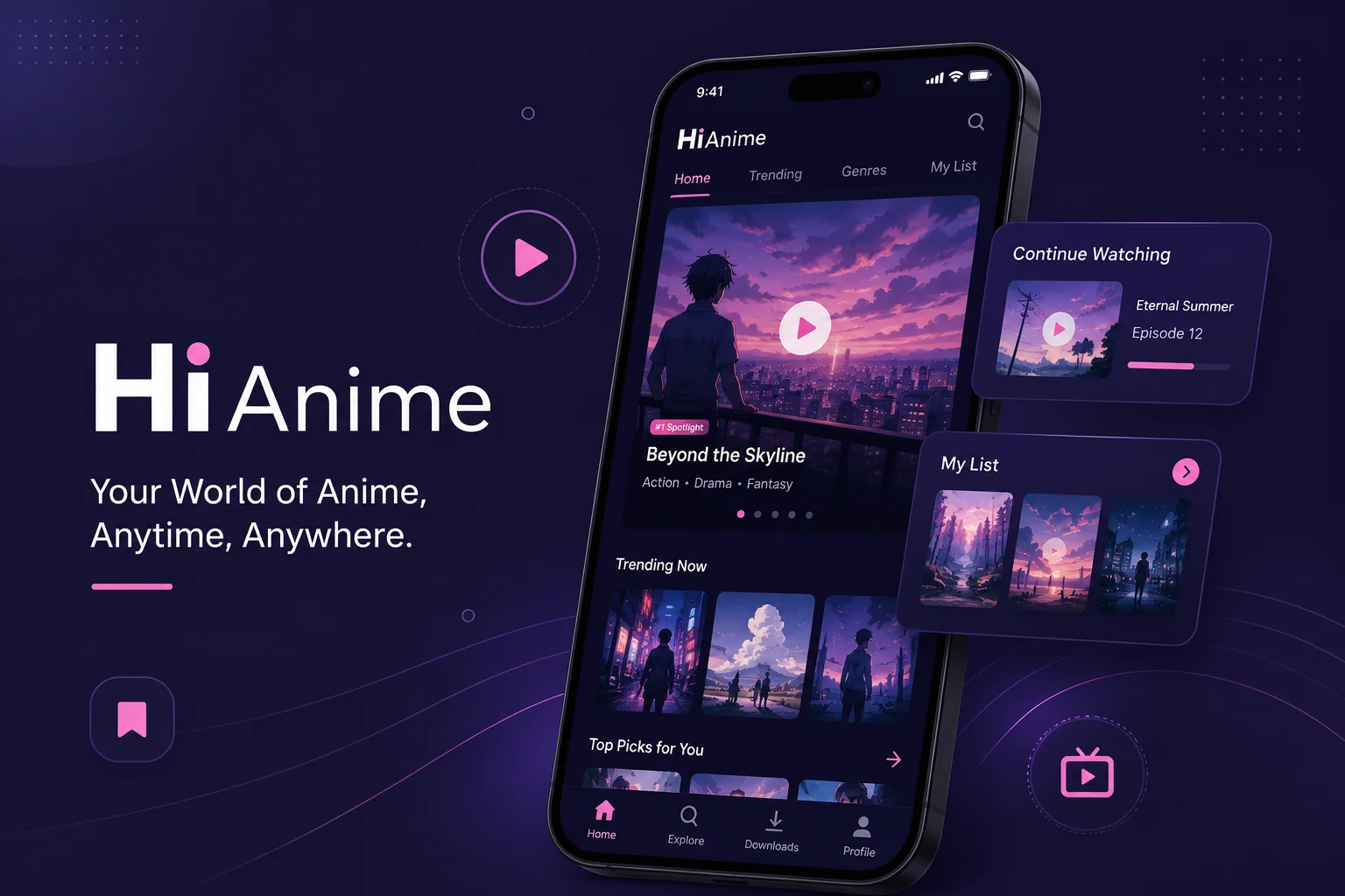 Concept illustration of a HiAnime-branded mobile streaming interface