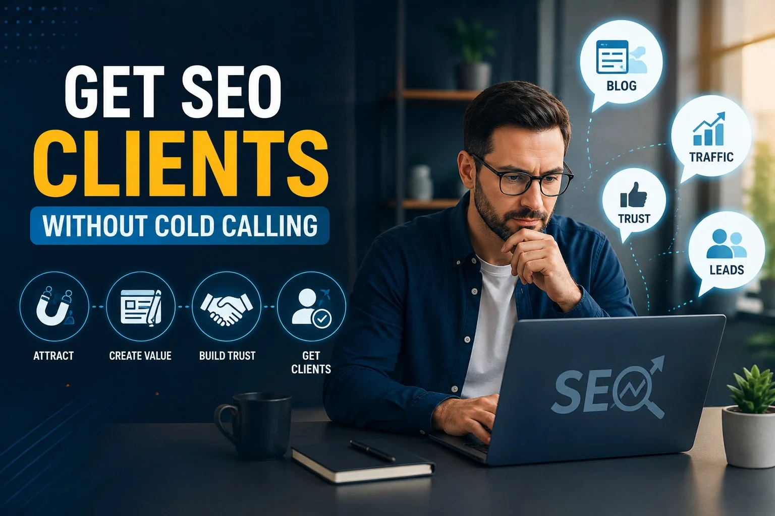 SEO professional using content, trust, traffic, and leads to attract clients without cold calling