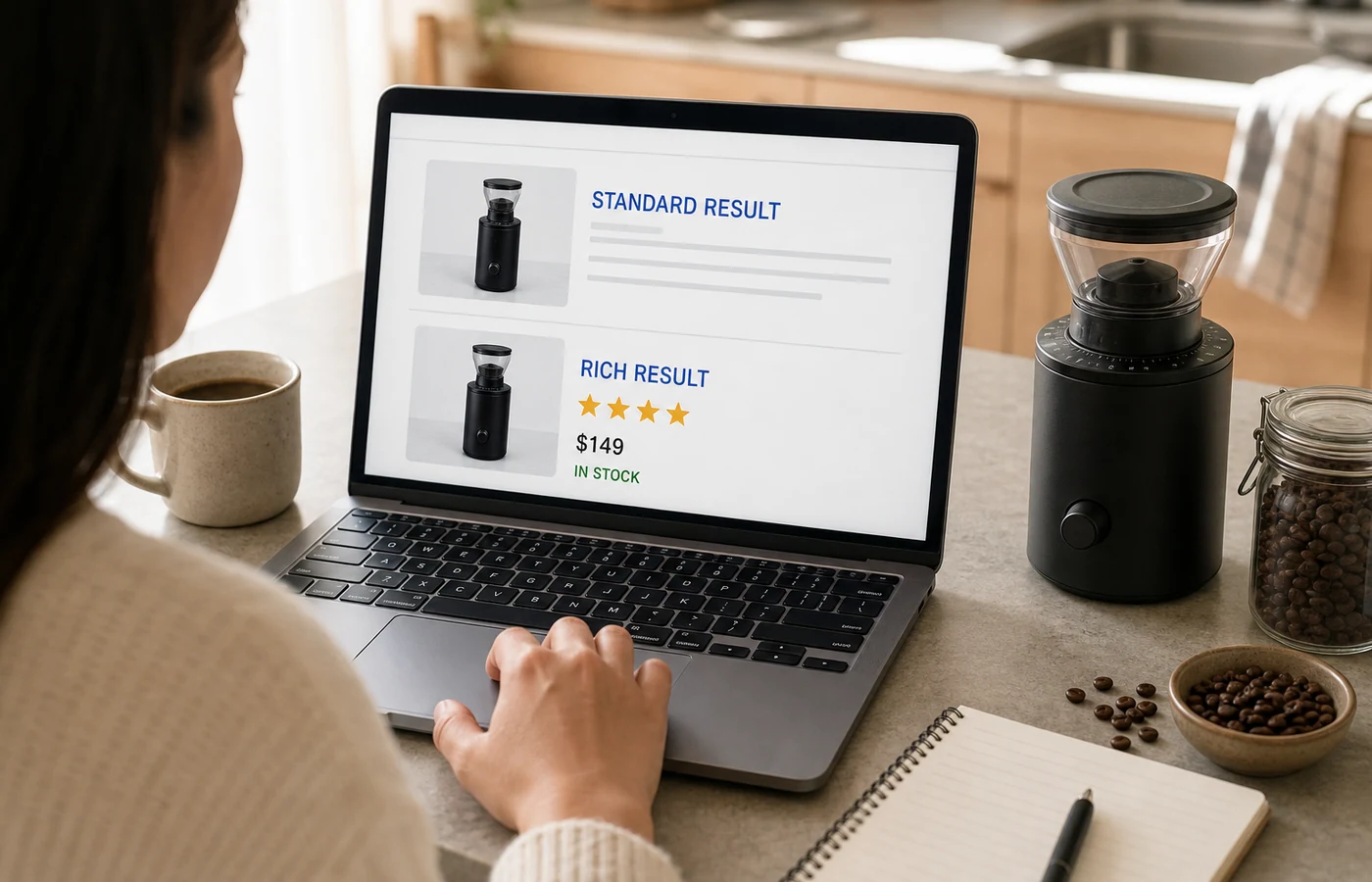 Shopper comparing a standard search result with a product rich result beside a coffee grinder and beans