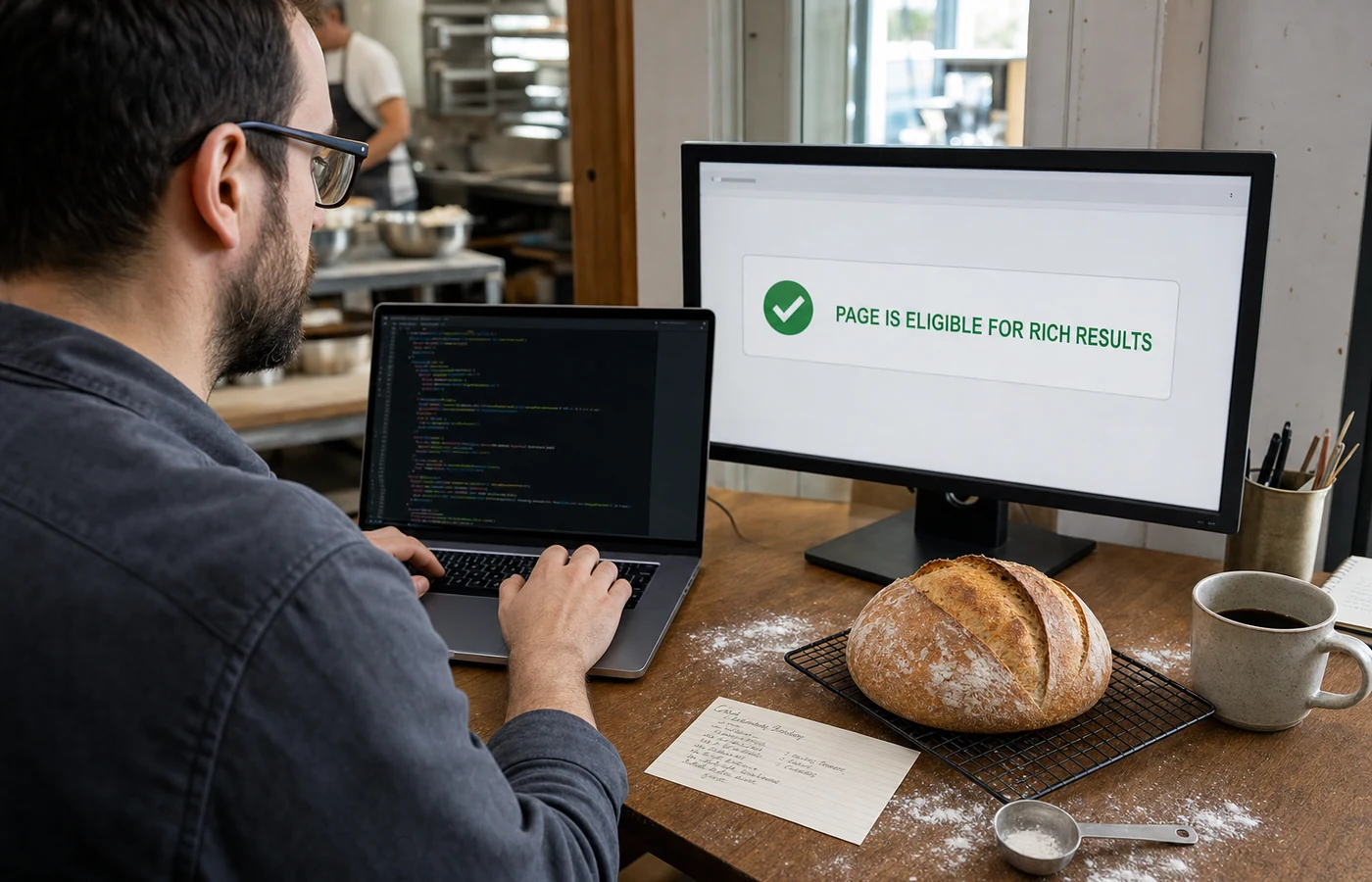 Developer validating recipe structured data in a bakery office beside bread and ingredients