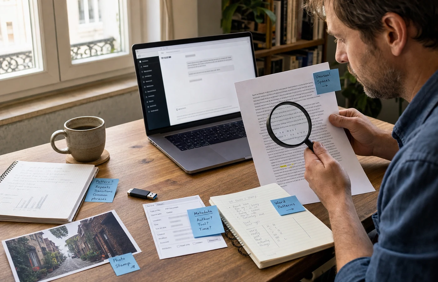Writer investigating possible ChatGPT watermark signals using a laptop, printed text and magnifying glass