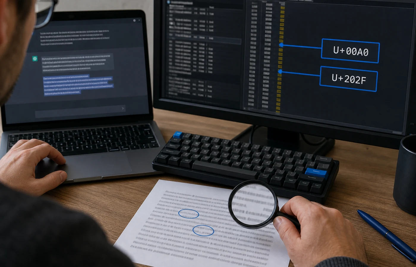 Unicode inspection workflow highlighting U+00A0 and U+202F spacing characters on a monitor