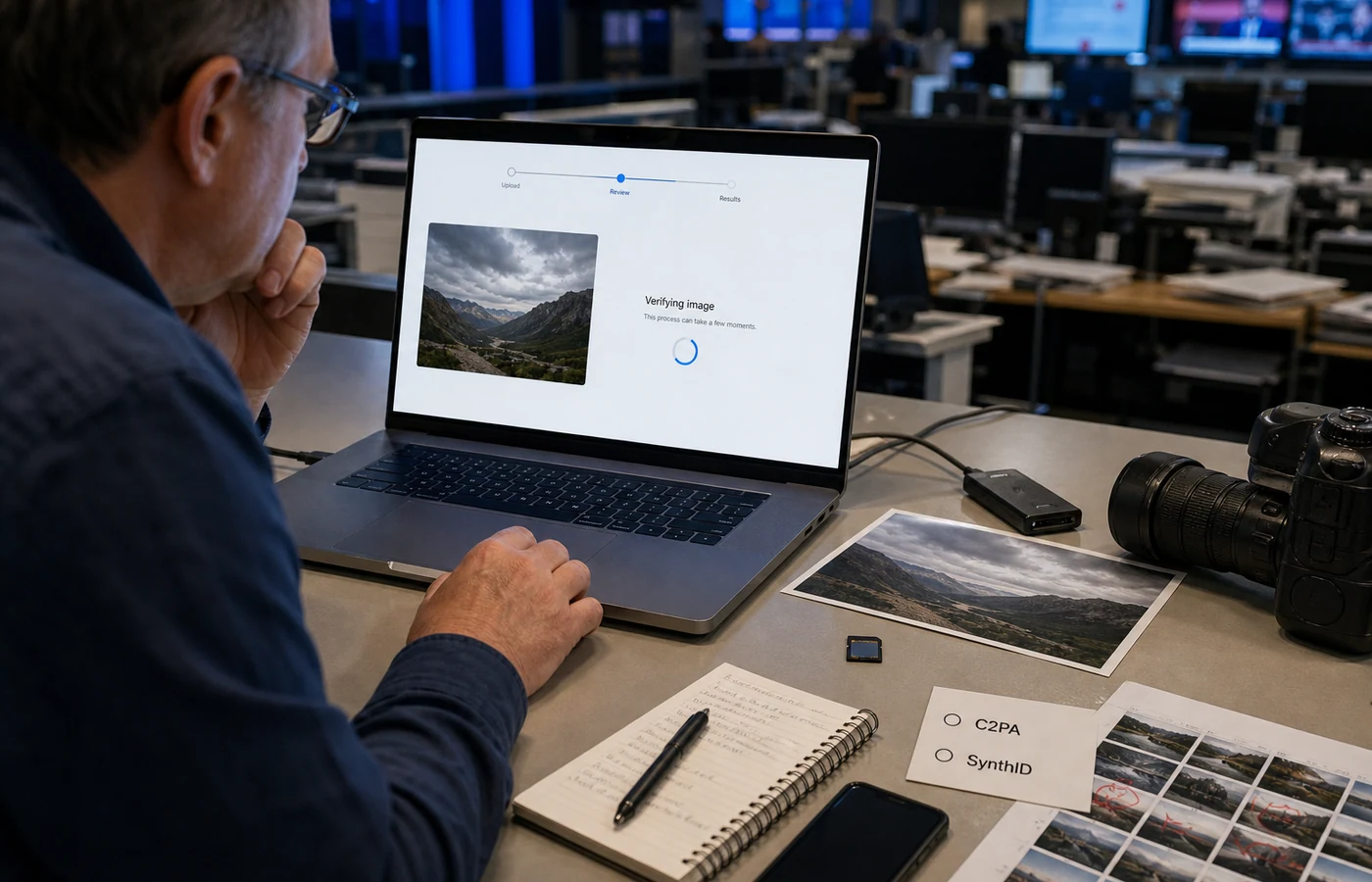 Journalist checking the provenance of an AI-generated image using a camera, SD card and laptop