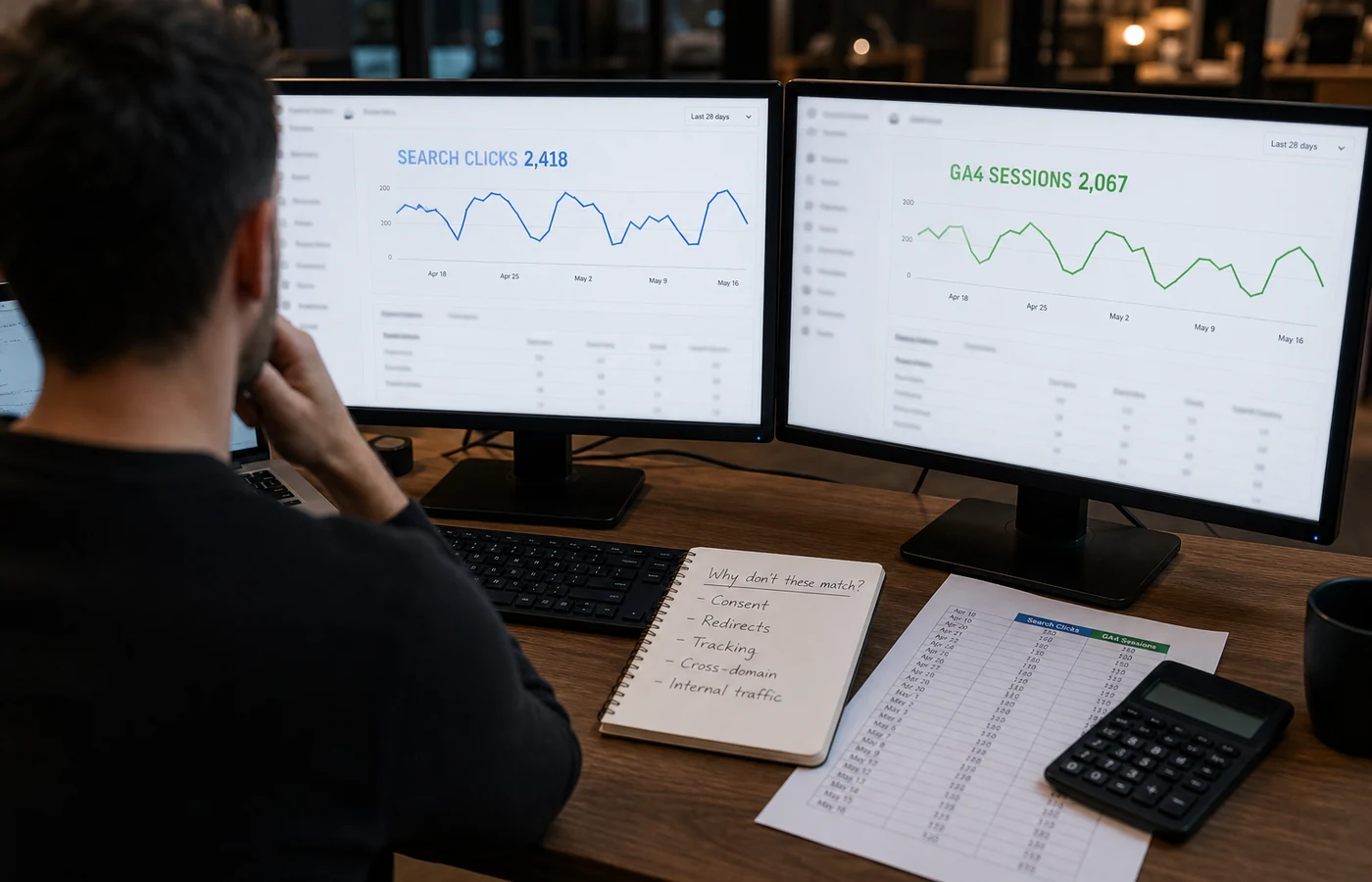 Analyst comparing Google Search Console clicks with GA4 sessions on two monitors