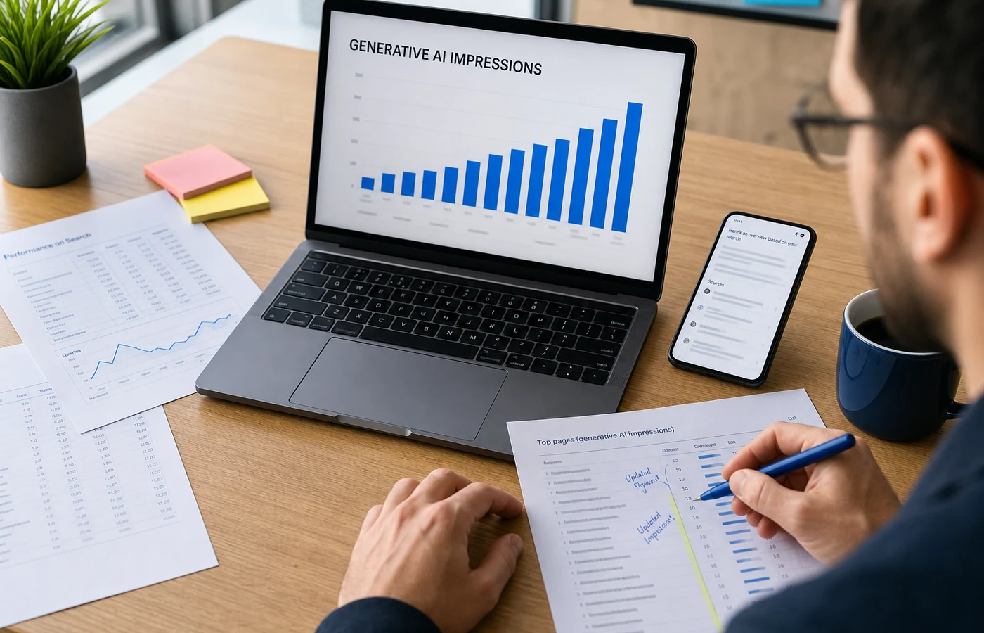 Marketer reviewing generative AI search impressions across a laptop, phone and printed report