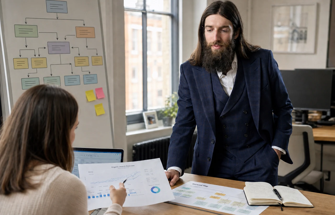 Stewart Vickers reviewing an organic search strategy with a colleague in an agency office