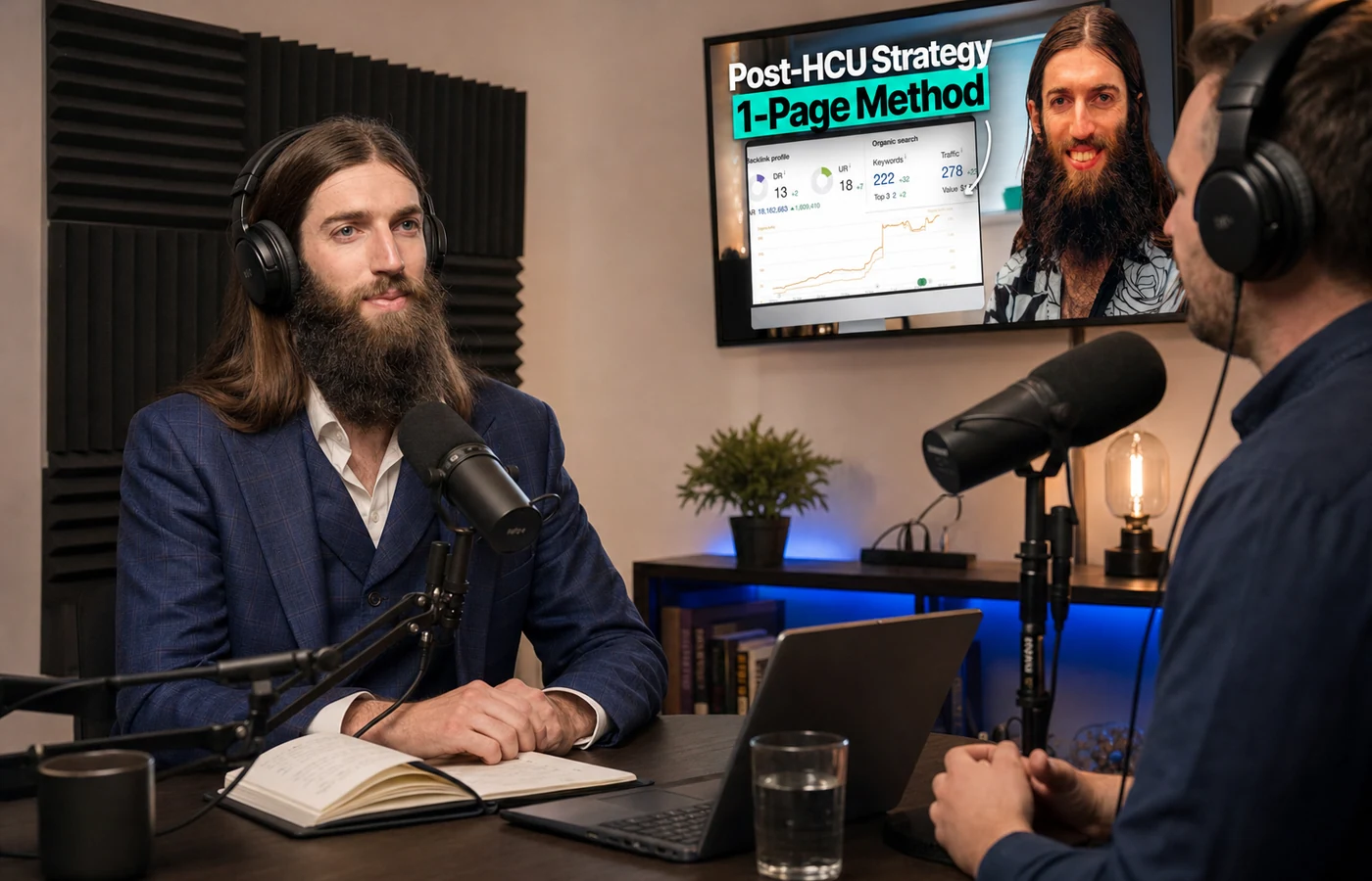 Stewart Vickers speaking in a podcast studio with his published SEO interview displayed on a monitor