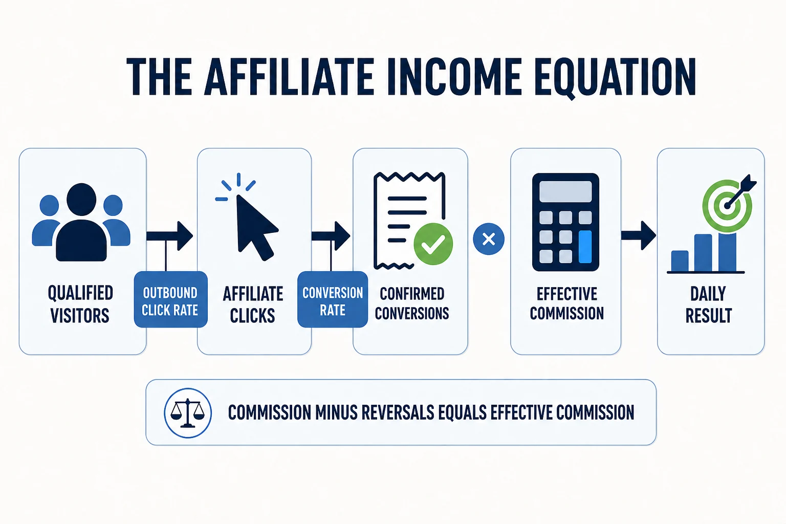 Affiliate income equation connecting visitors, clicks, conversions, commission, and reversals