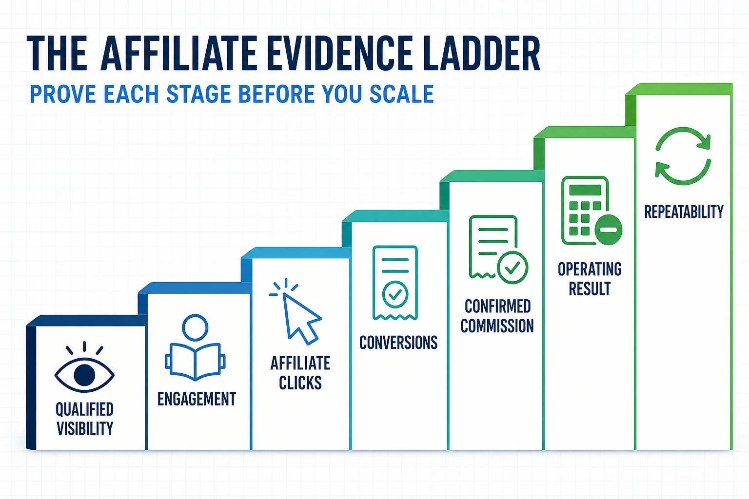 Seven-step affiliate marketing Evidence Ladder from visibility to repeatable operating results