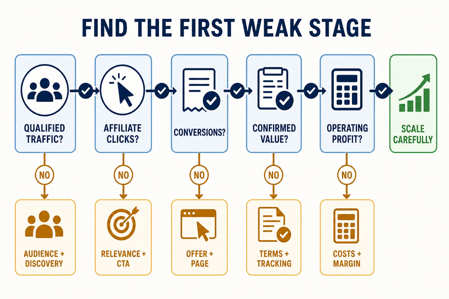 Affiliate performance diagnosis flow from qualified traffic to operating profit