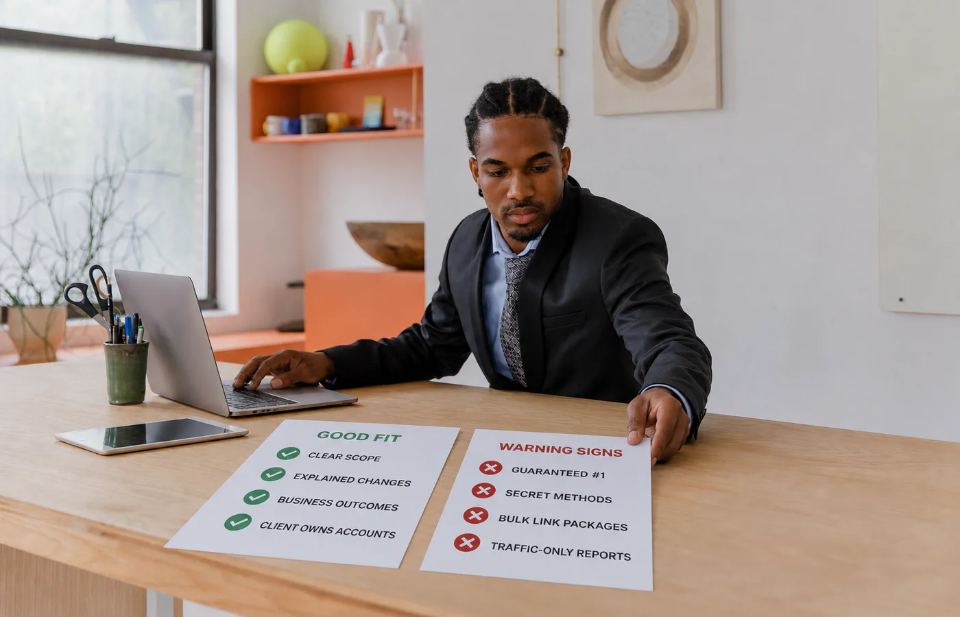 Business owner comparing trustworthy SEO practices with guarantees, secret methods, bulk links, and traffic-only reporting