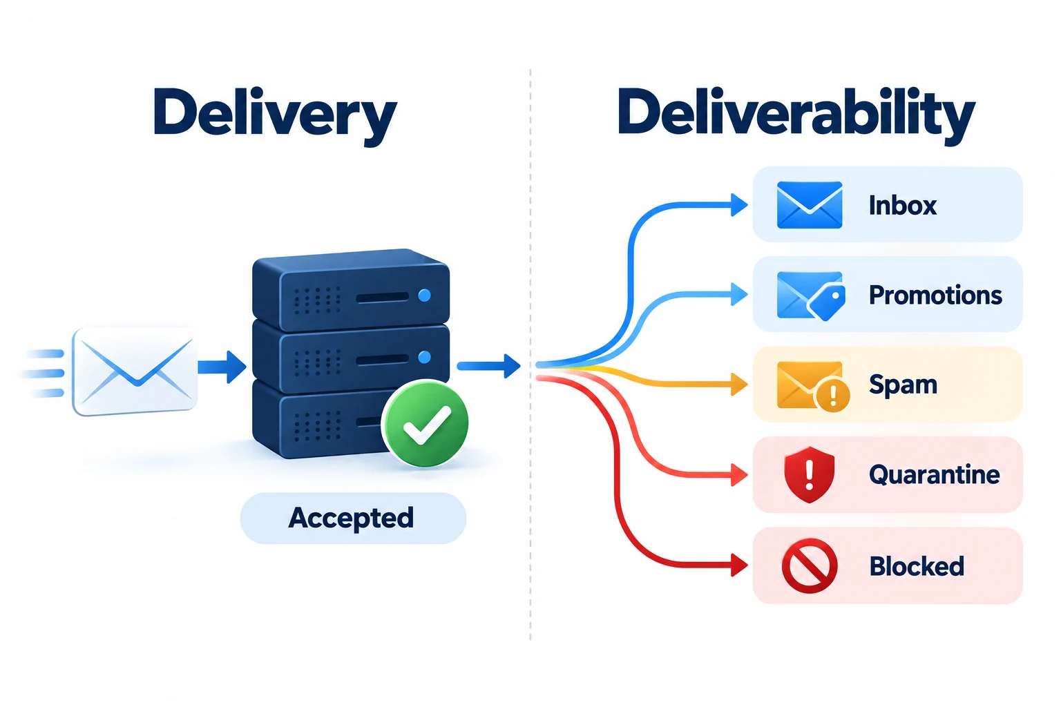Email delivery compared with email deliverability across accepted, inbox, promotions, spam, and blocked outcomes