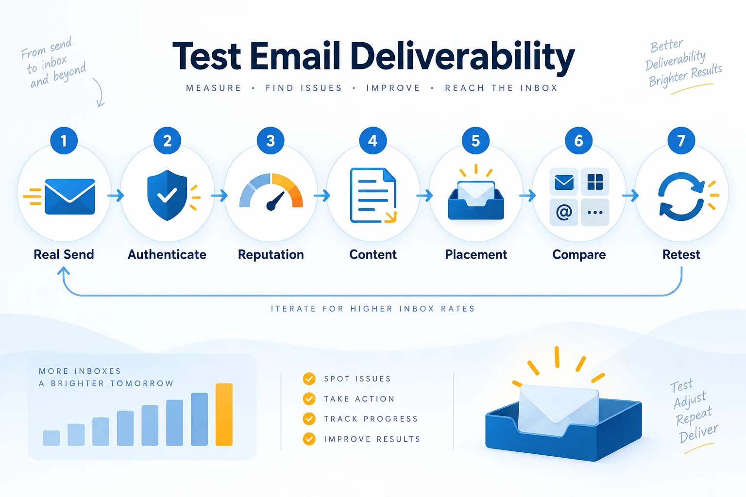 Seven-step email deliverability testing workflow from a real send through a controlled retest