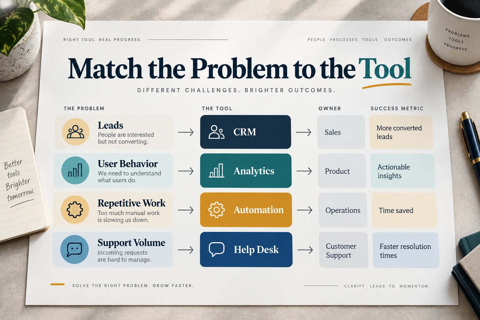 Decision map matching leads, user behavior, repetitive work, and support volume to appropriate startup tool categories