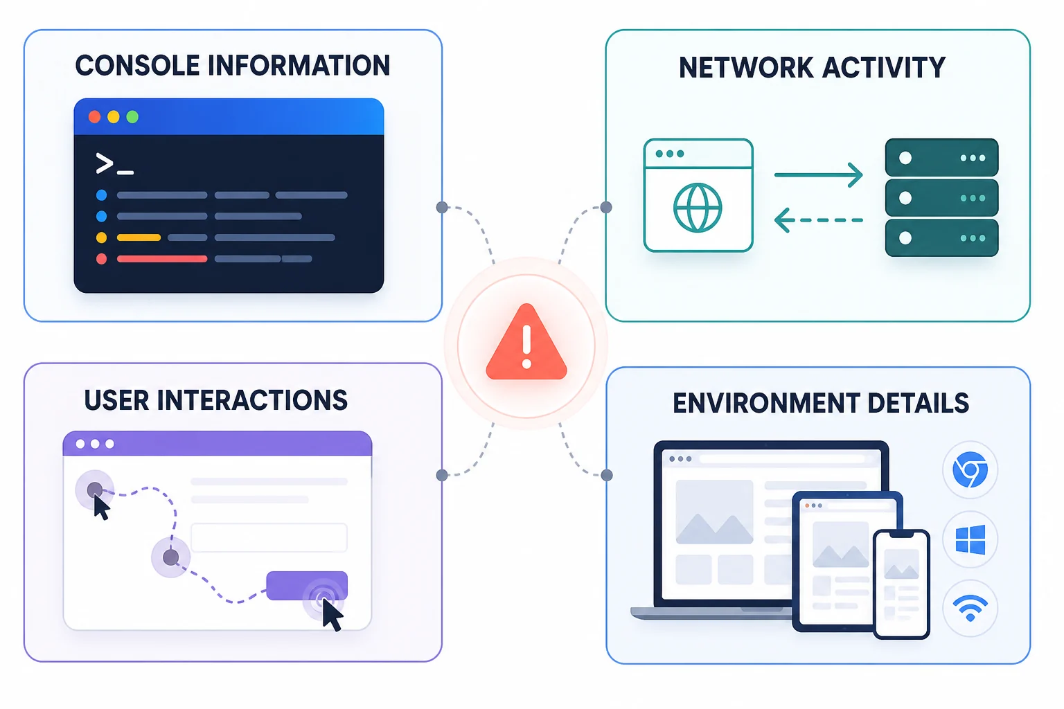 Four categories of application error context: console information, network activity, user interactions, and environment details