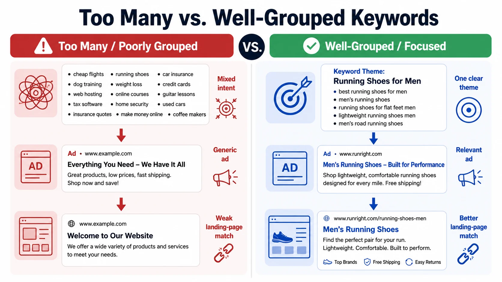 Comparison of poorly grouped Google Ads keywords with a focused keyword theme, relevant ad, and matching landing page