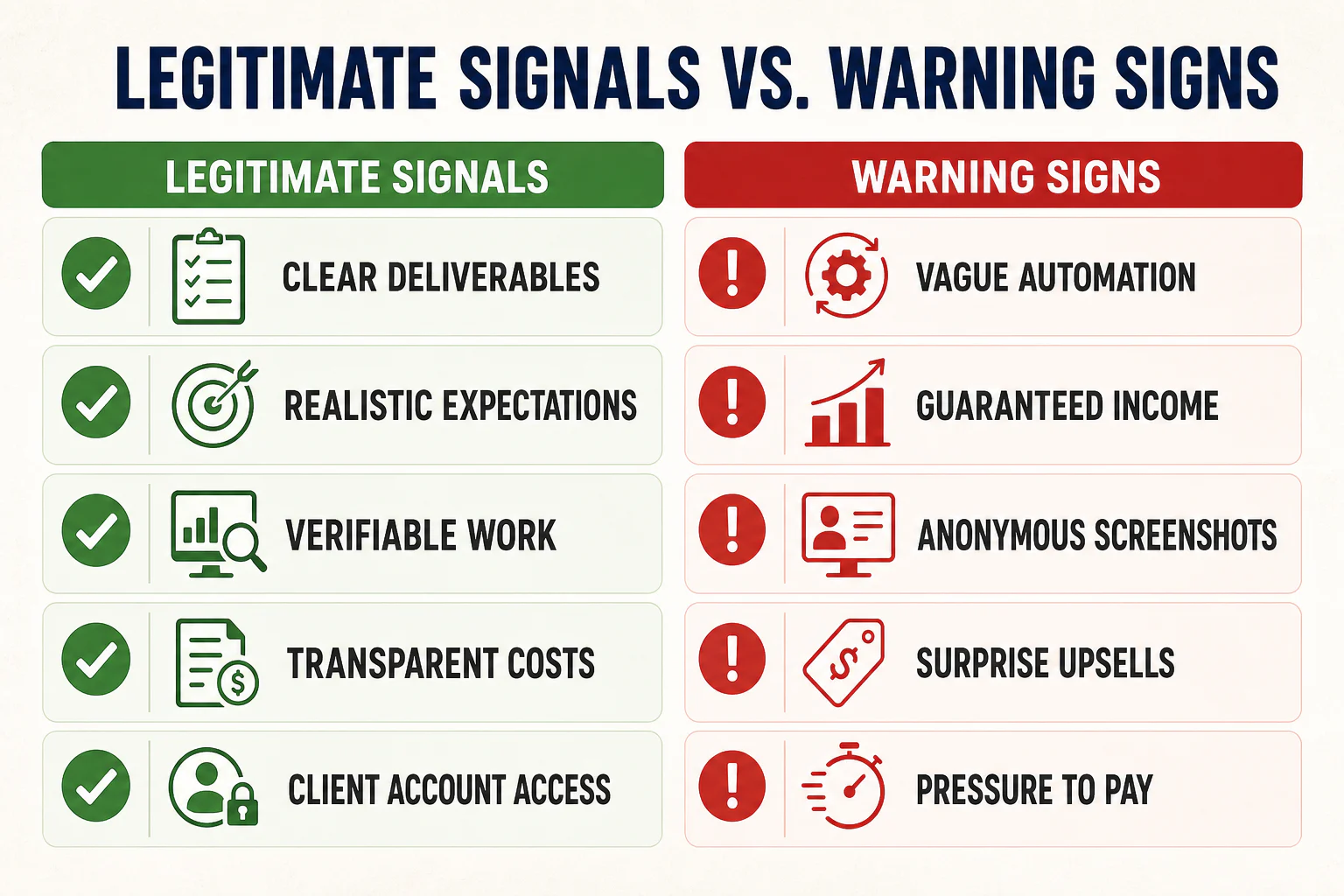 Legitimate digital marketing signals compared with common warning signs