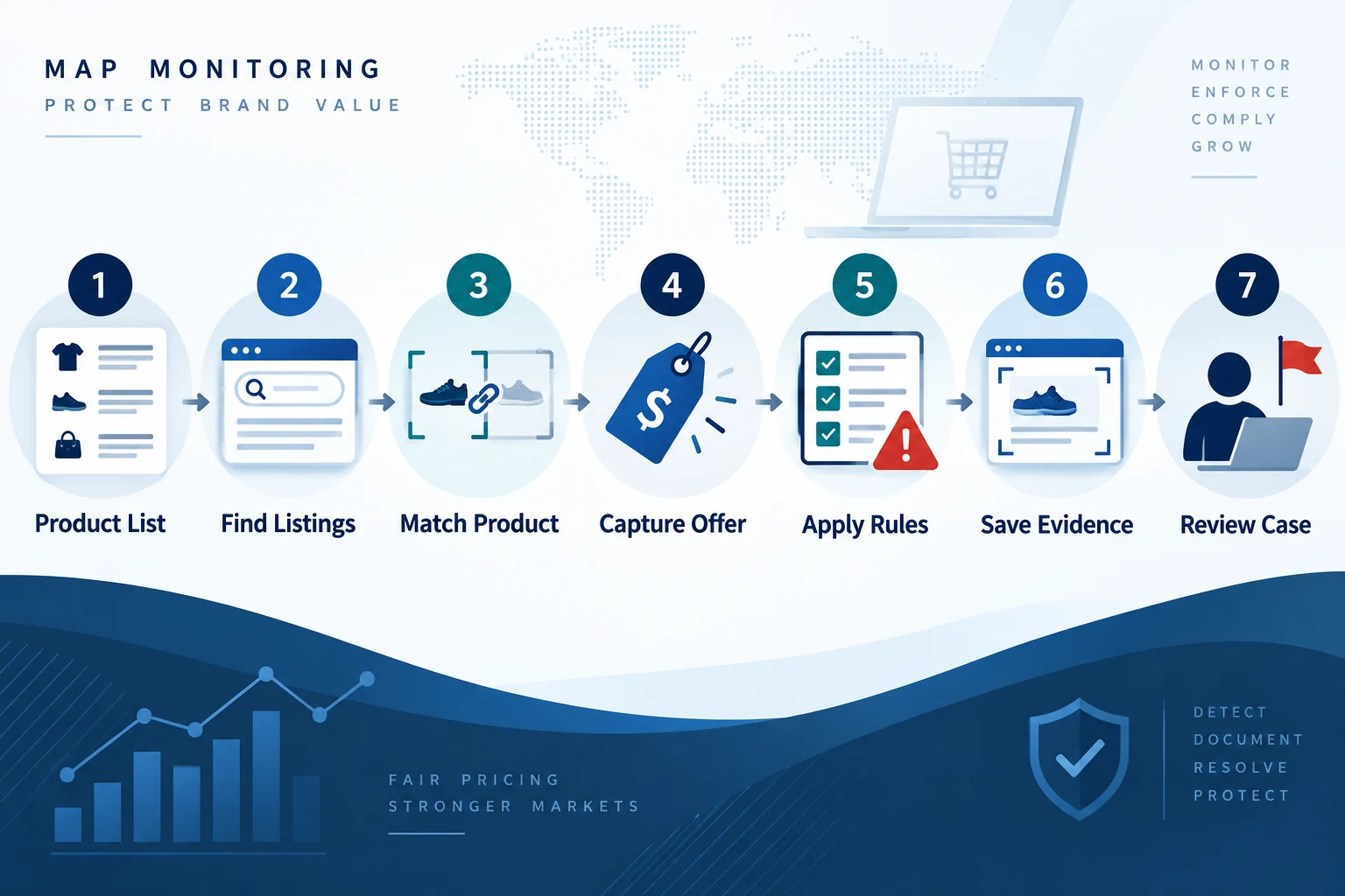 Seven-step MAP monitoring workflow from product data to human review