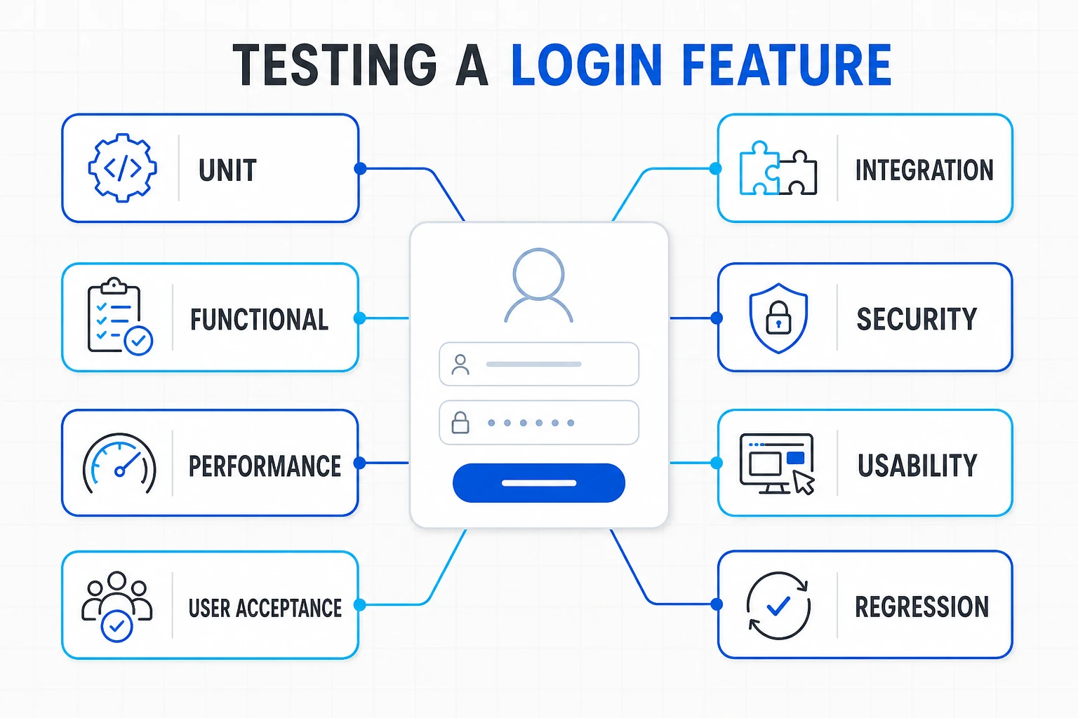 Diagram connecting a login feature to unit, integration, functional, security, performance, usability, user acceptance, and regression testing