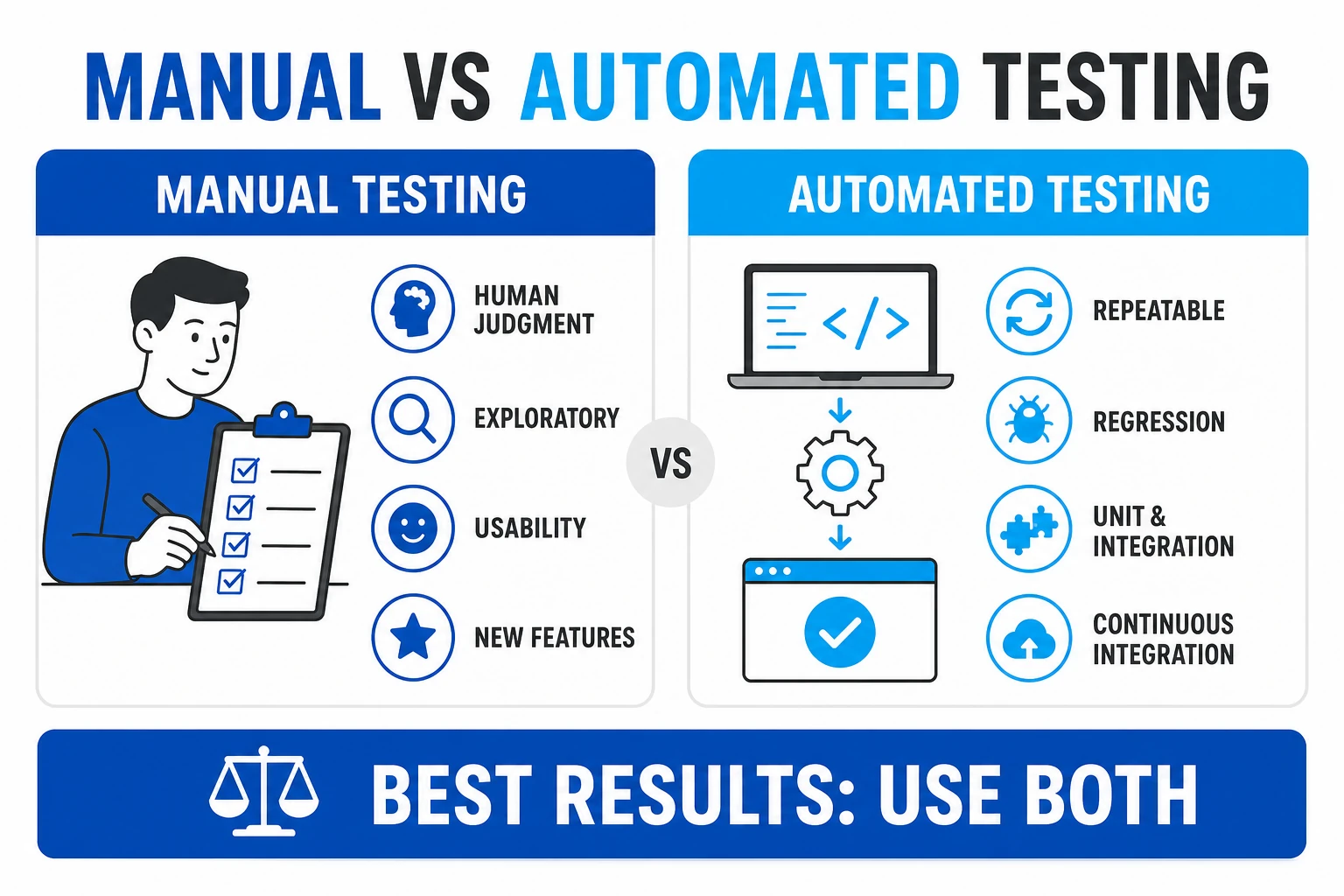 Comparison of manual testing and automated testing with their most suitable uses