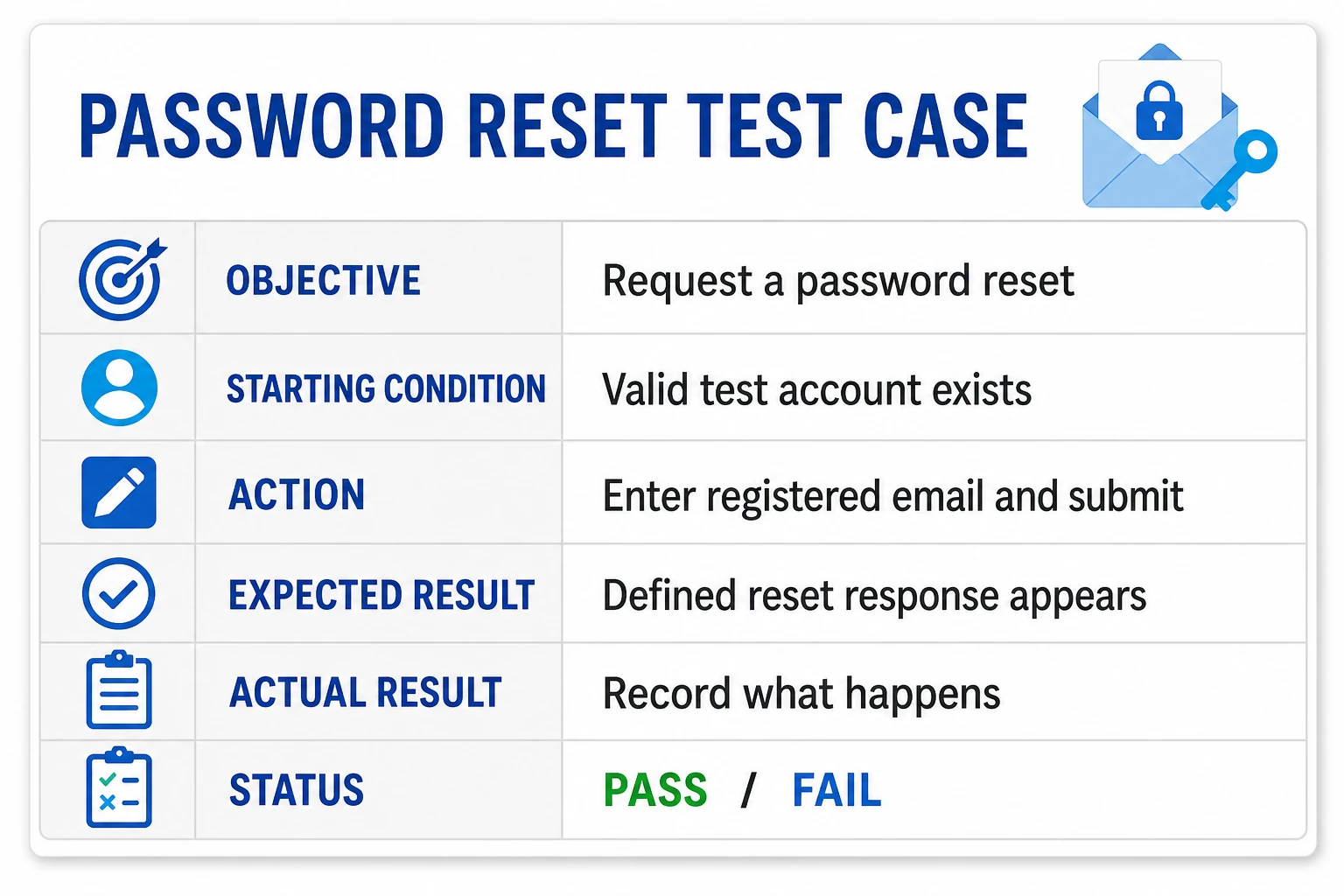 Password reset test case showing the objective, starting condition, action, expected result, actual result, and status