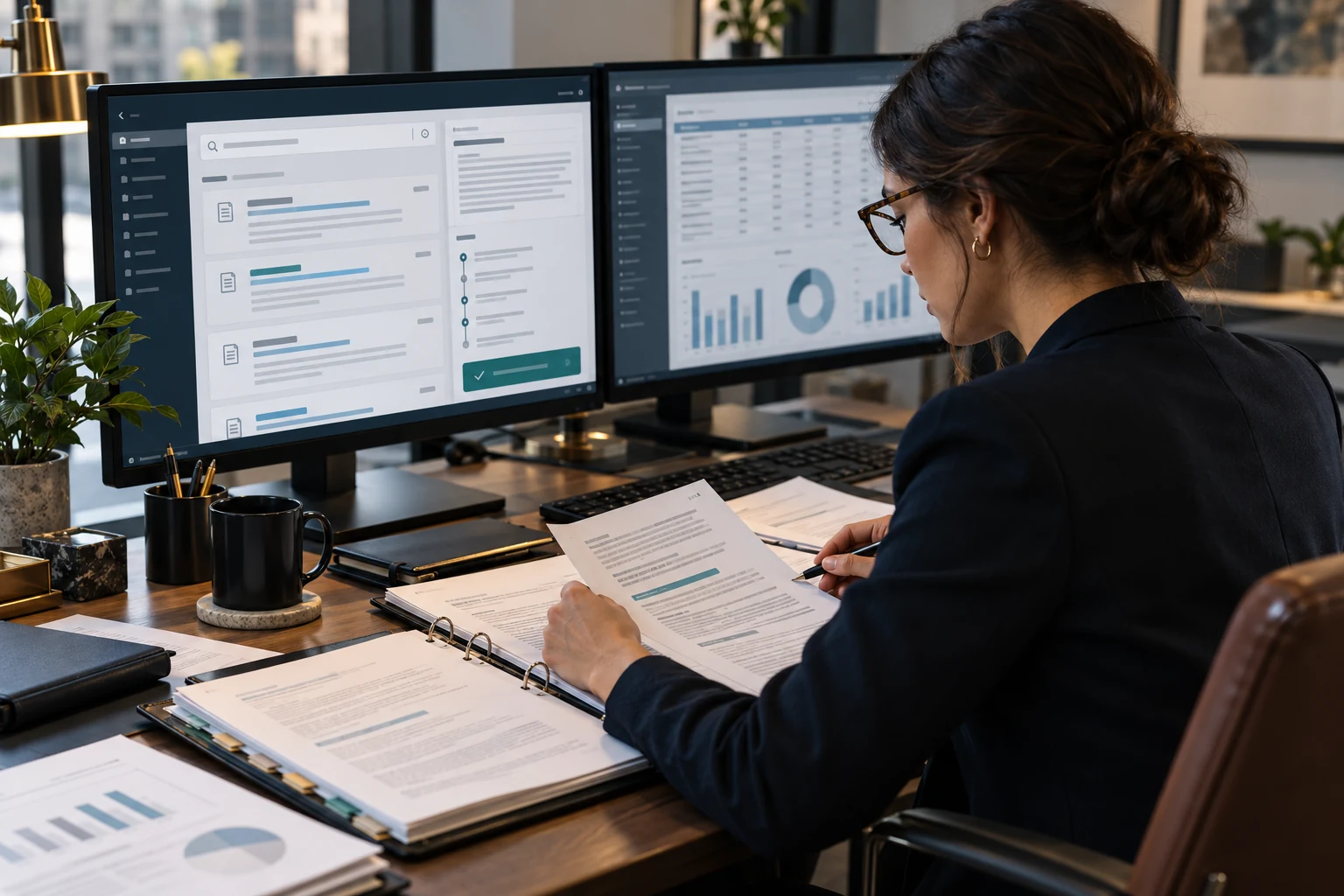 Financial compliance analyst reviewing source documents and a secure knowledge retrieval screen