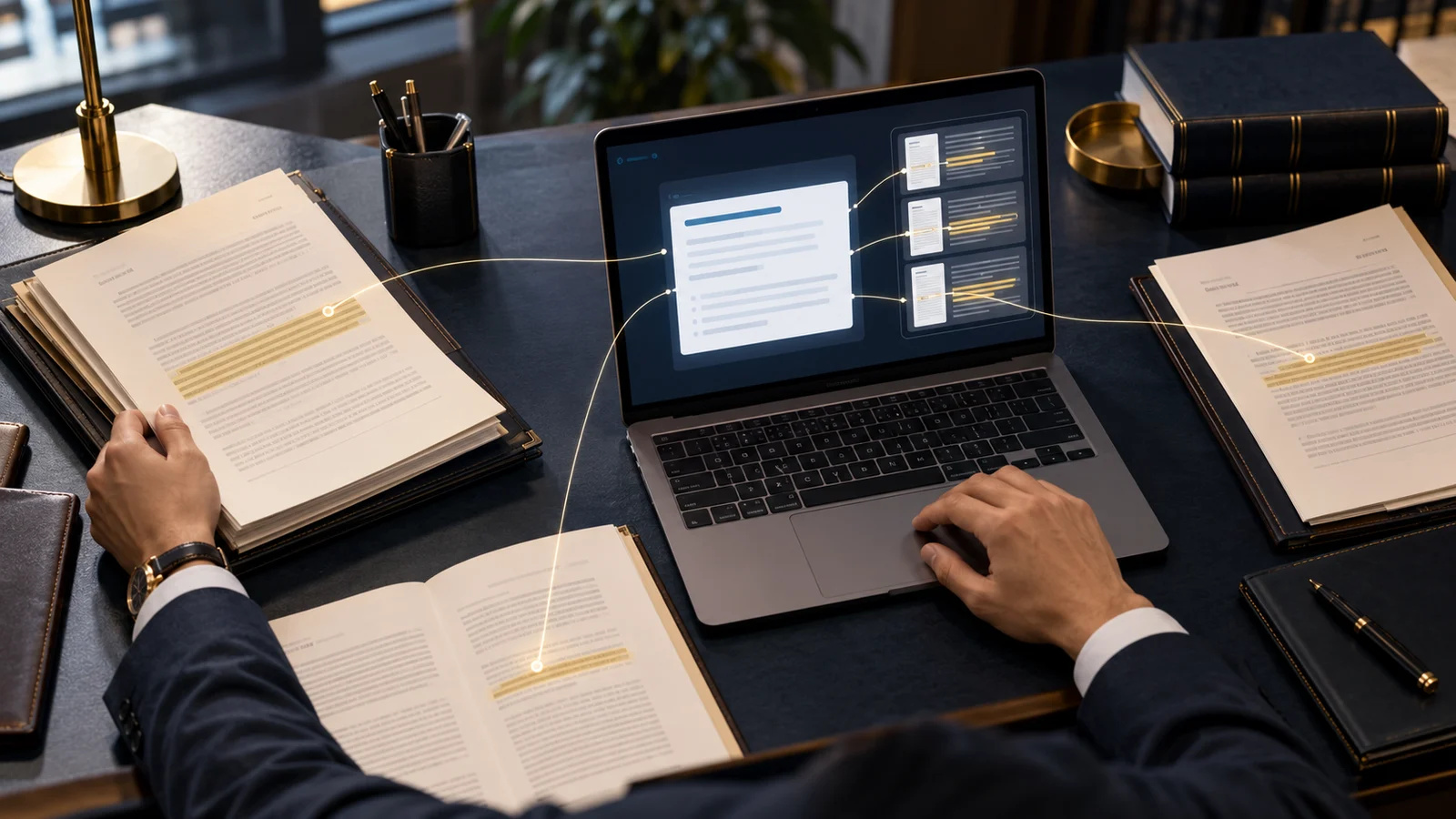 Lawyer reviewing case documents linked to cited passages in a legal research interface