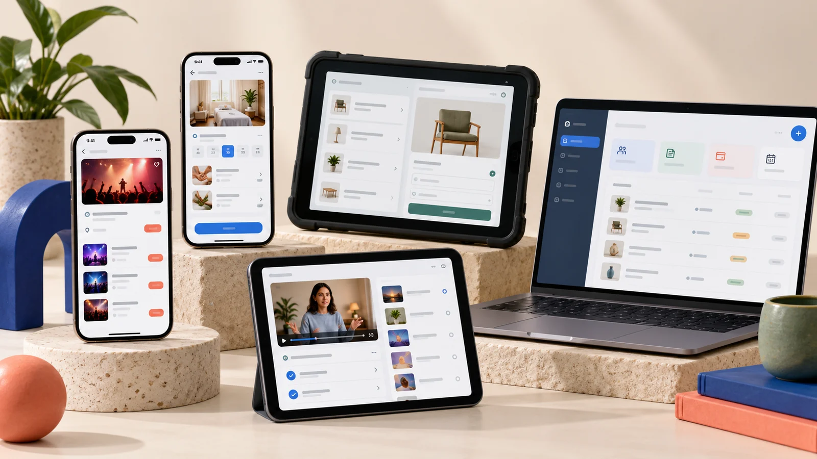 Distinct ticketing, booking, field operations, education, and SaaS apps on phones, tablets, and a laptop