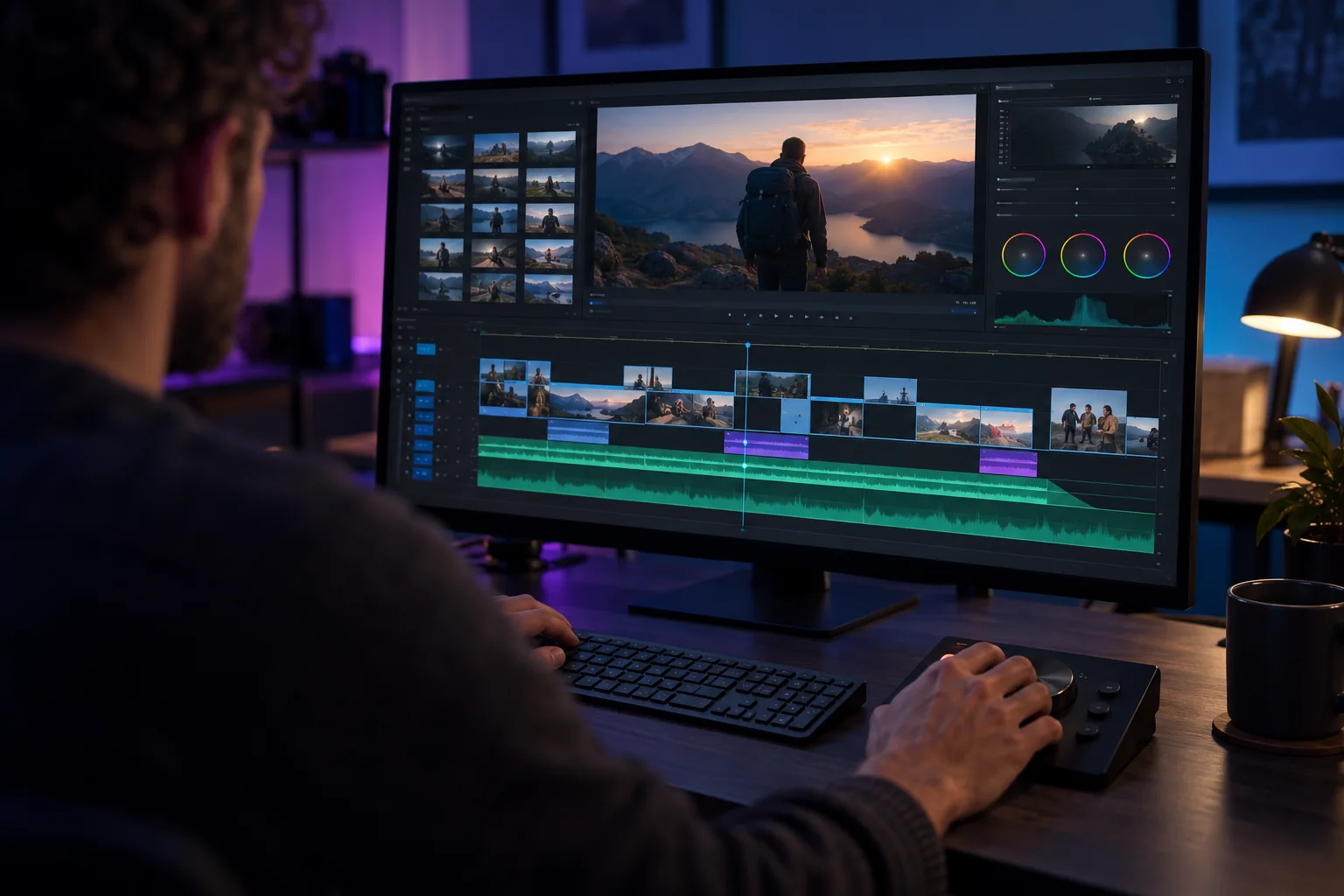 Video editor arranging clips and audio waveforms on a professional editing timeline