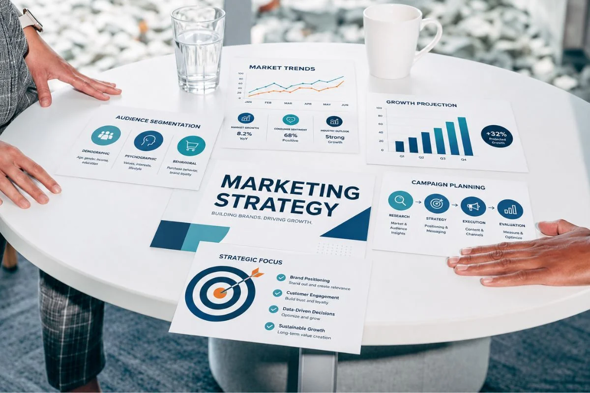 Team reviewing market trends, audience segments, campaign planning, and marketing strategy