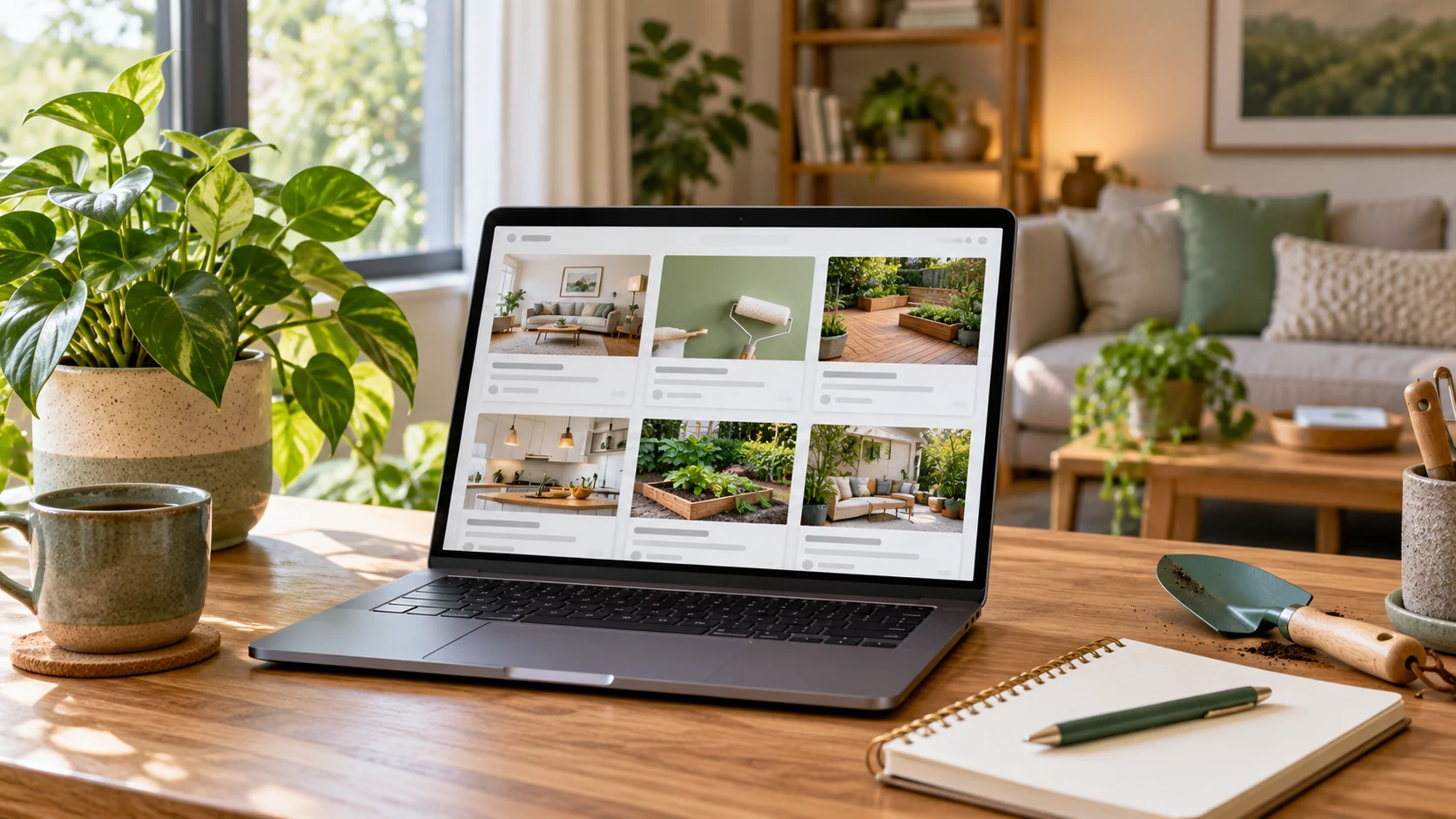 Home and garden articles displayed on a laptop in a warm living room